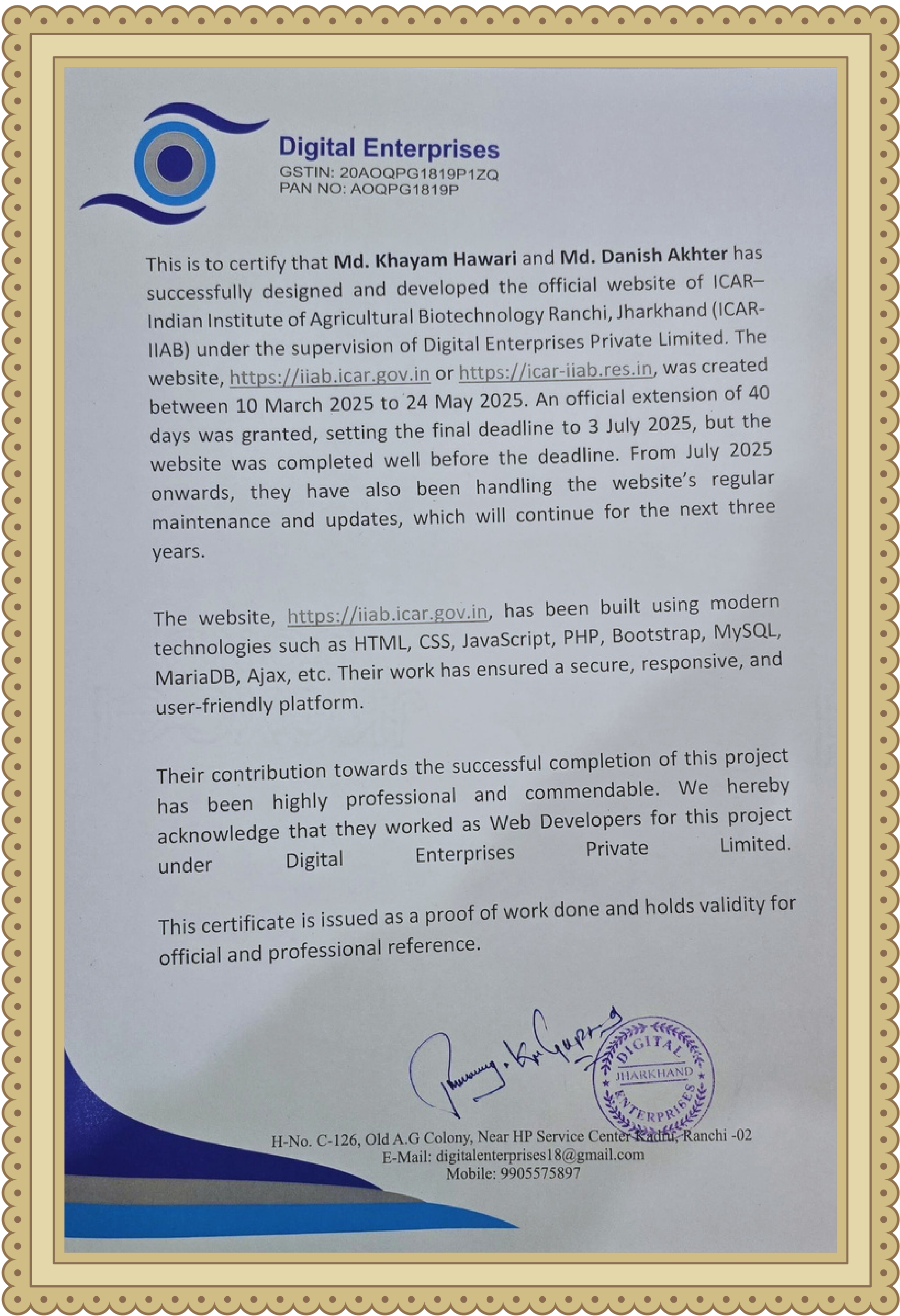 Experience Letter from Digital Enterprises Pvt Ltd Ranchi